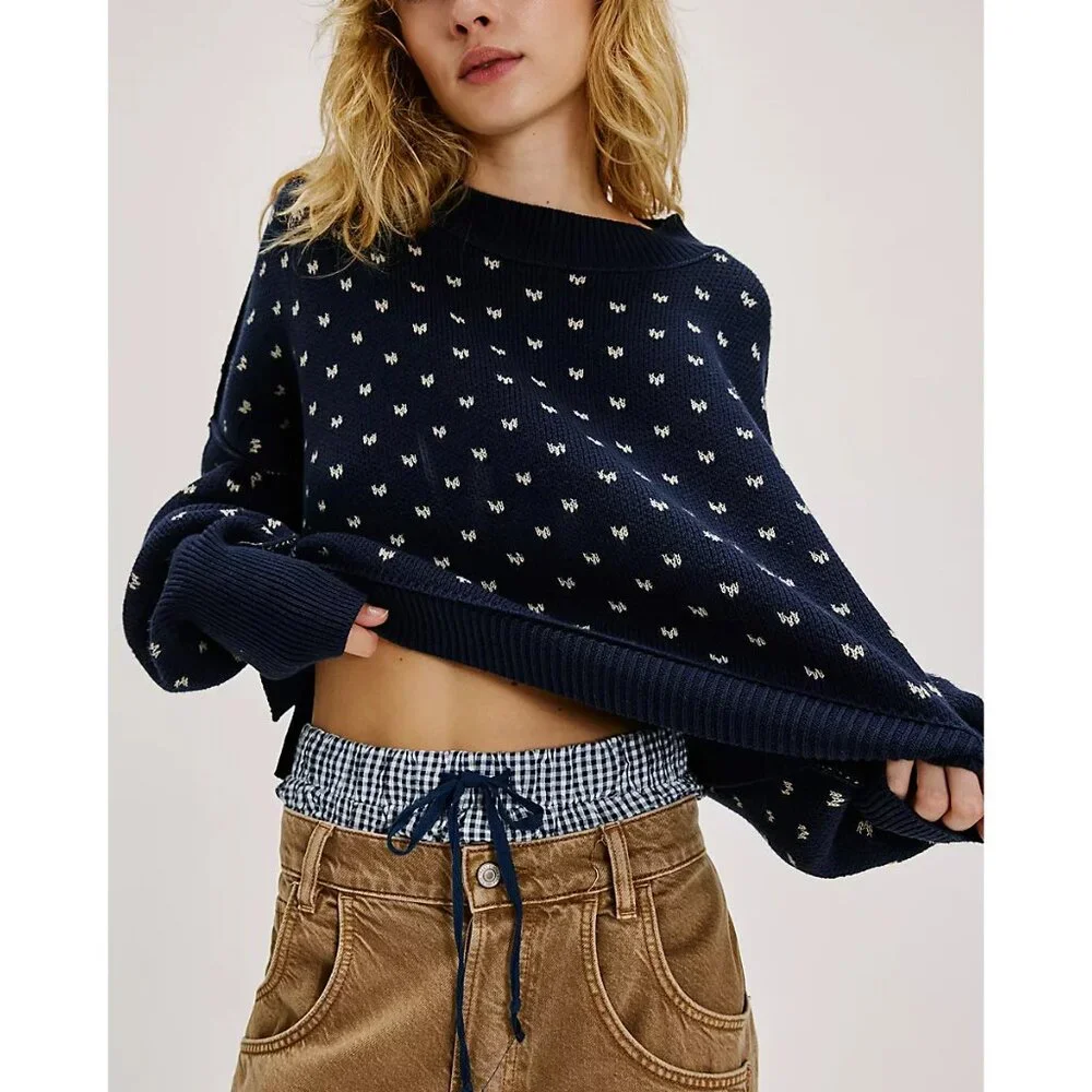 Free People Navy Blue Cropped Crewneck Sweater with Cream Dot Pattern
